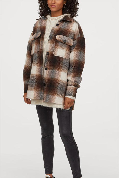 Autumn Winter Popular Retro Loose Plaid Coat Woolen Shirt Top for Women