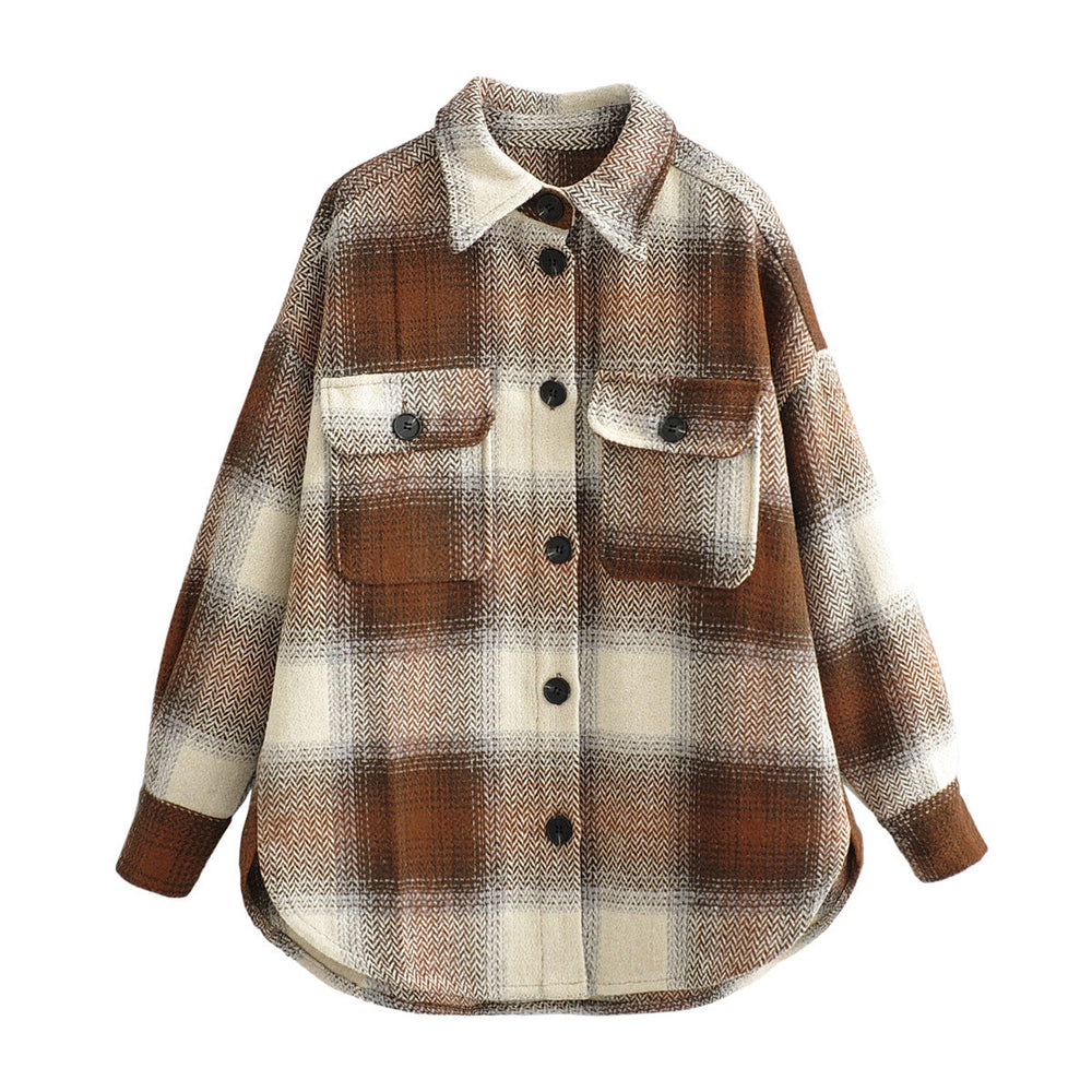 Autumn Winter Popular Retro Loose Plaid Coat Woolen Shirt Top for Women