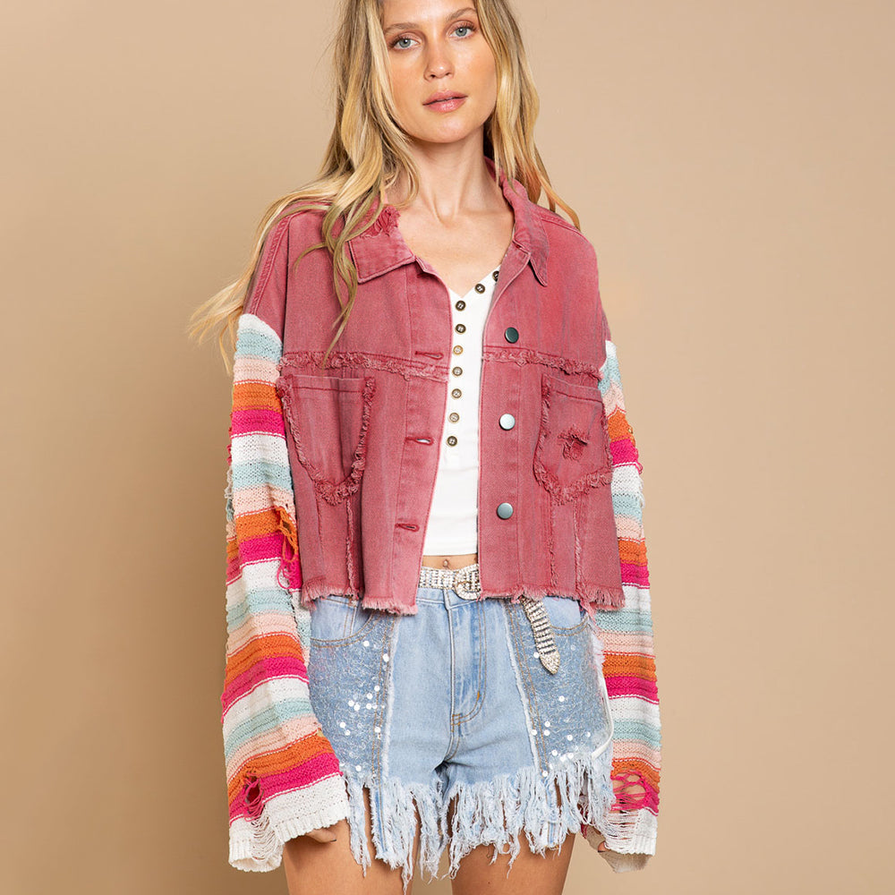 Autumn Winter Popular Women Denim Jacket Rainbow Long Sleeve Splicing Coat