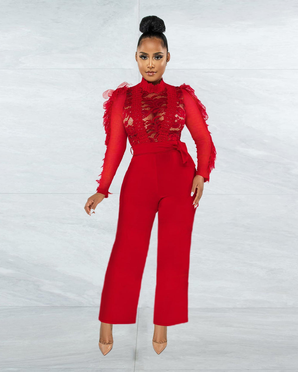 Women Clothing Autumn Winter Eyelash Lace Trousers Sexy See-through Jumpsuit
