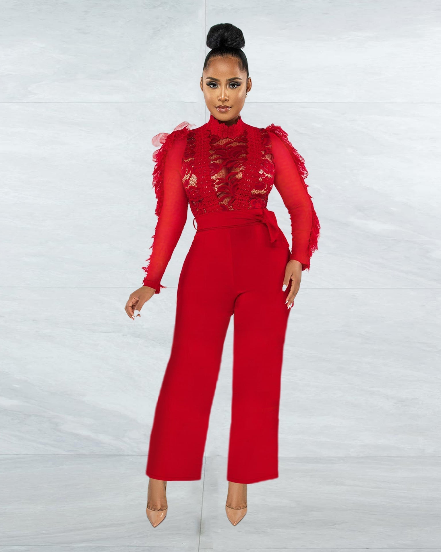 Women Clothing Autumn Winter Eyelash Lace Trousers Sexy See-through Jumpsuit