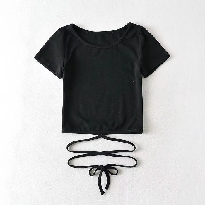 round Neck Tied Short-Sleeved T-shirt Summer Cropped Tight Top