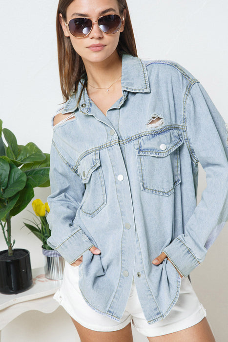Popular Women Jacket Autumn Winter Long Sleeve Long Ripped Classic Solid Color Denim Jacket