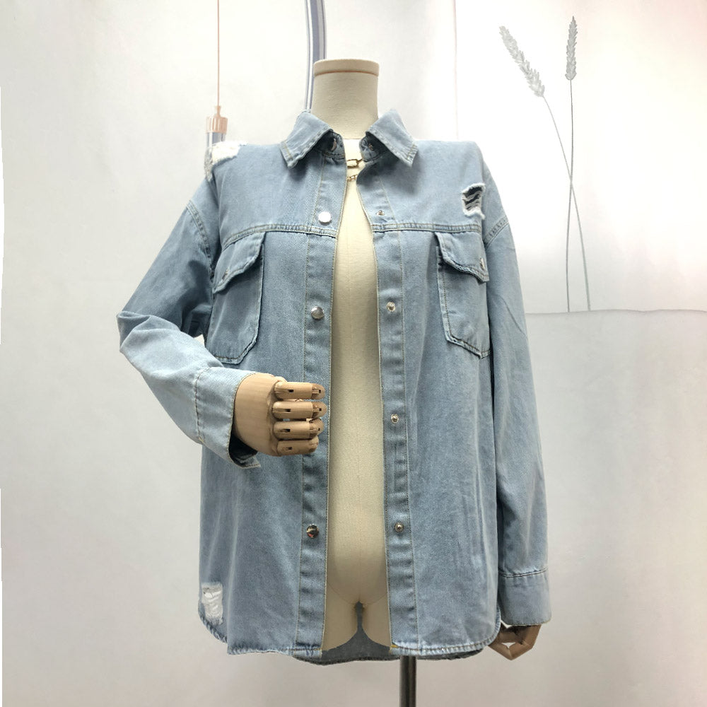 Popular Women Jacket Autumn Winter Long Sleeve Long Ripped Classic Solid Color Denim Jacket