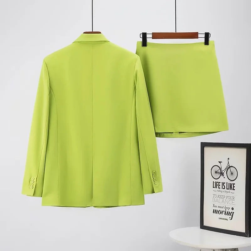 Straight Collared Long Sleeve Blazer Casual High Waist Short Skirt Women Spring Summer Green A line Skirt Set