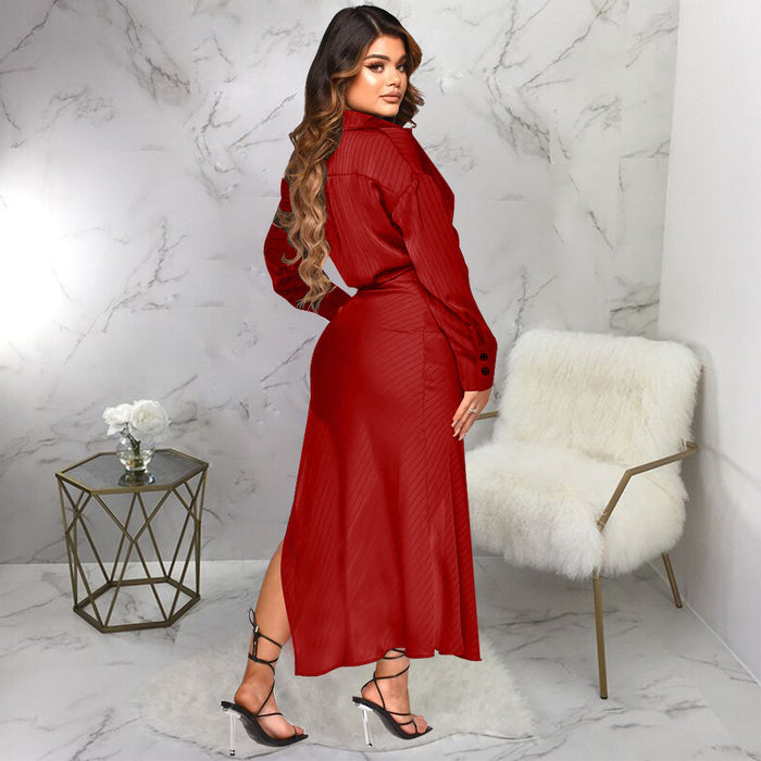 Women Clothing Autumn Sunken Stripe Long Sleeve Split Skirt Set