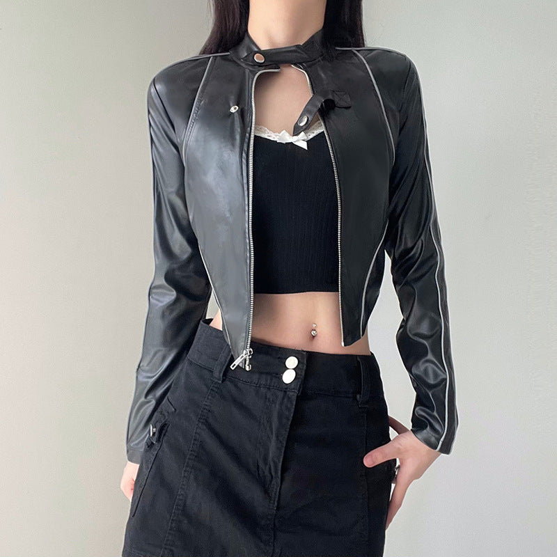 Hipster Reflective Leather Jacket Stand Collar Irregular Asymmetric Hem Short Cropped-Exposed Sexy Faux Leather Jacket Top