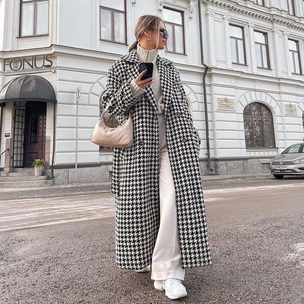 Women  Clothing Autumn Winter Houndstooth Long Trench Coat High End Fashionable Coat Black White Young Coat for Women