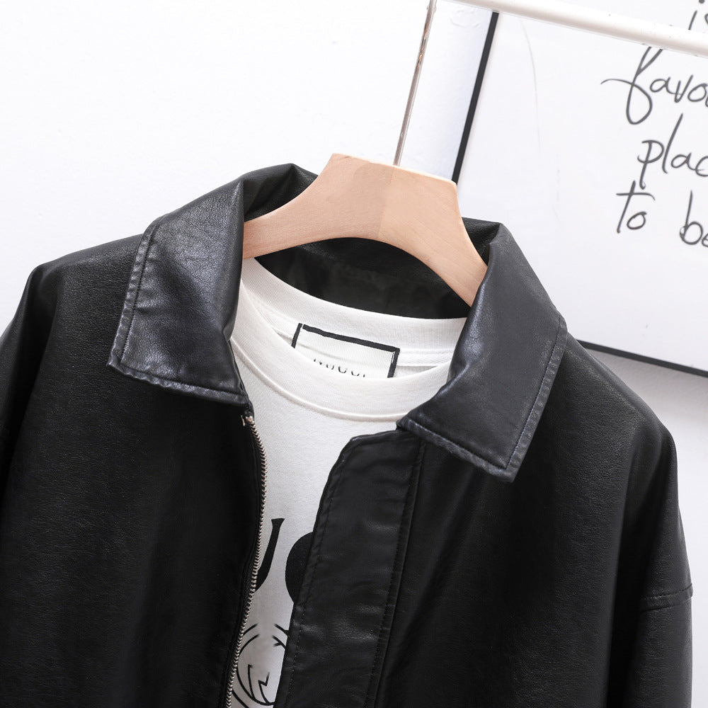 Loose Leather Coat Coat Spring Autumn Women Motorcycle Short Black Retro Leather Jacket Motorcycle Clothing