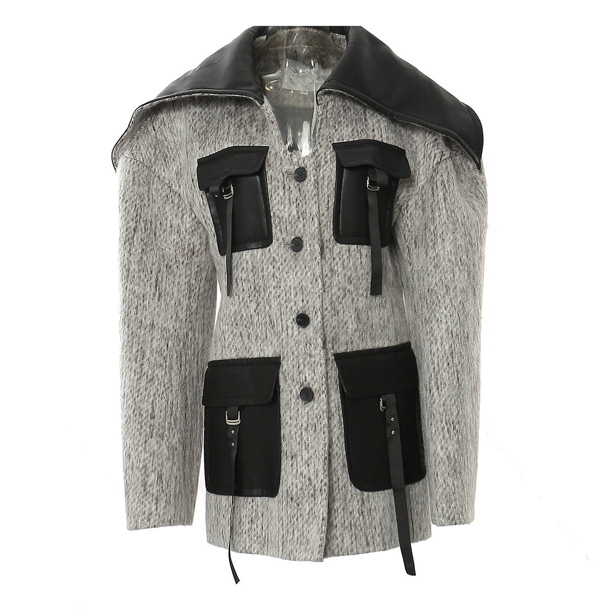 Autumn Winter Profile Drop Shoulder Contrast Color Big Collar Pocket Texture Woolen Coat Outerwear