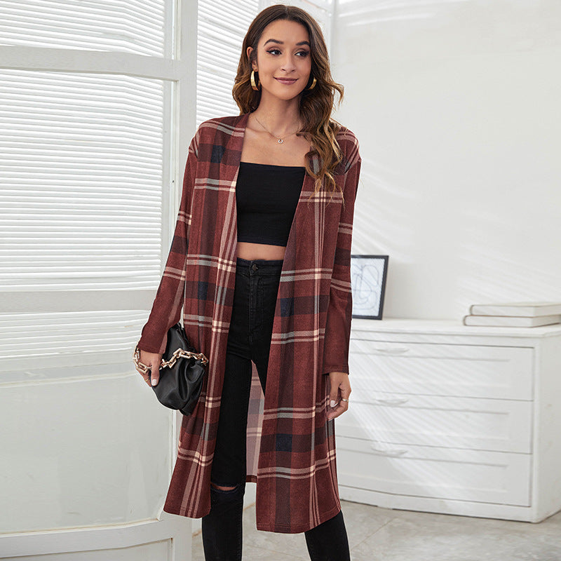 Autumn Winter Plaid Leopard Knitted Printed Cardigan Coat