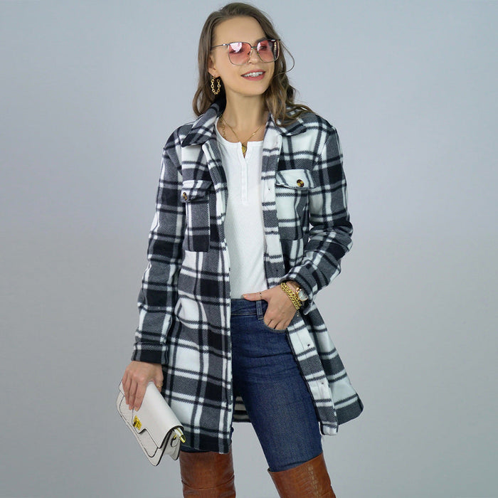 Autumn Winter Women Clothing Collar Plaid Long Women Plush Coat Top Women Shacket