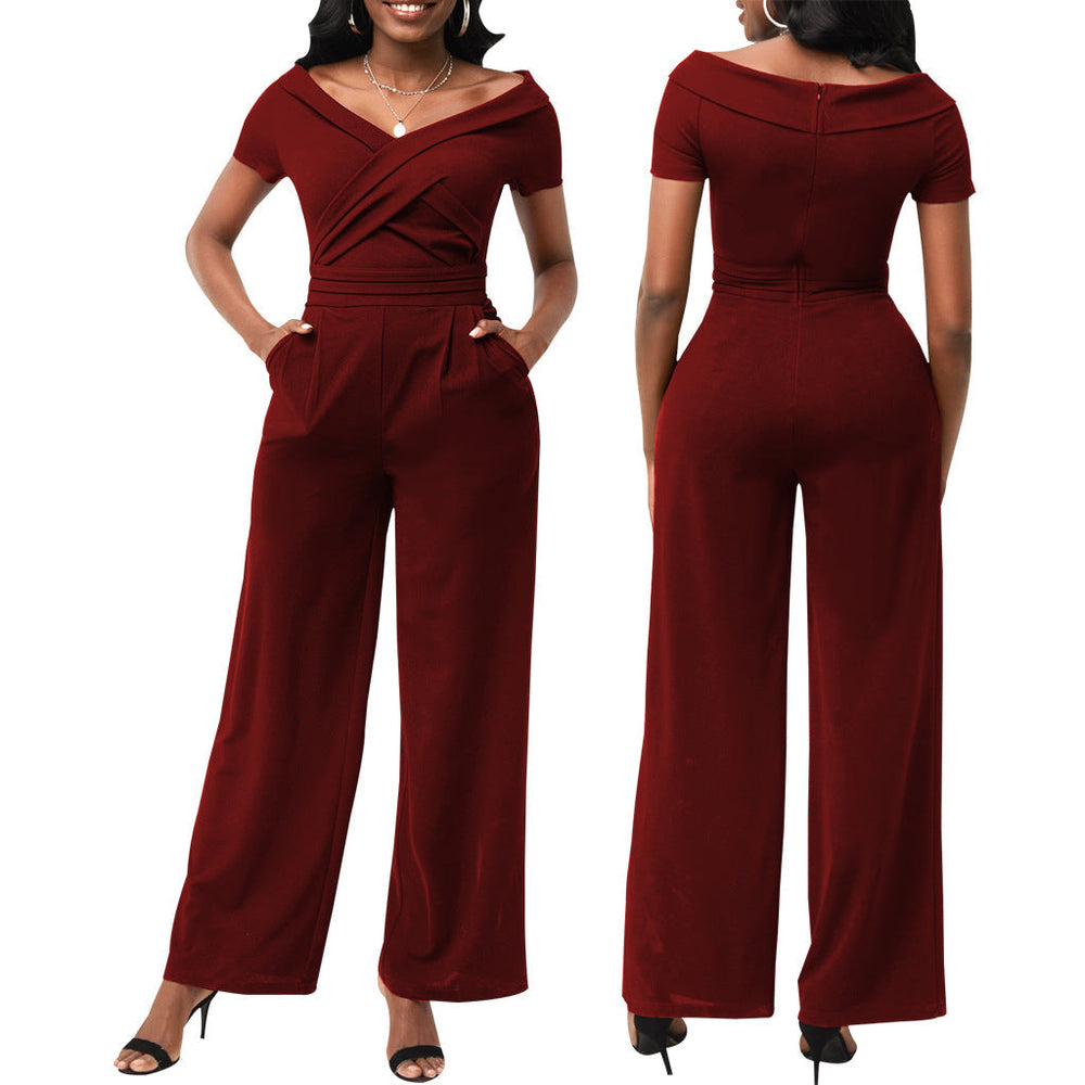 Masson Sexy Solid Color Short Sleeve V-neck Women Jumpsuit