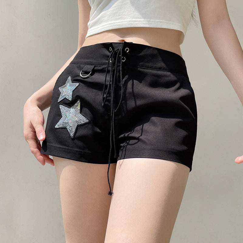 Street Hip Hop Five-Pointed Star Sequ Special Interest Design Elastic Lace High Waist Shorts Peach Hip Slim Pants