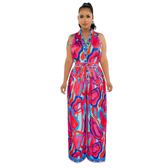 Women Clothing Summer Printed Sleeveless V-neck Wide Leg Jumpsuit for Women