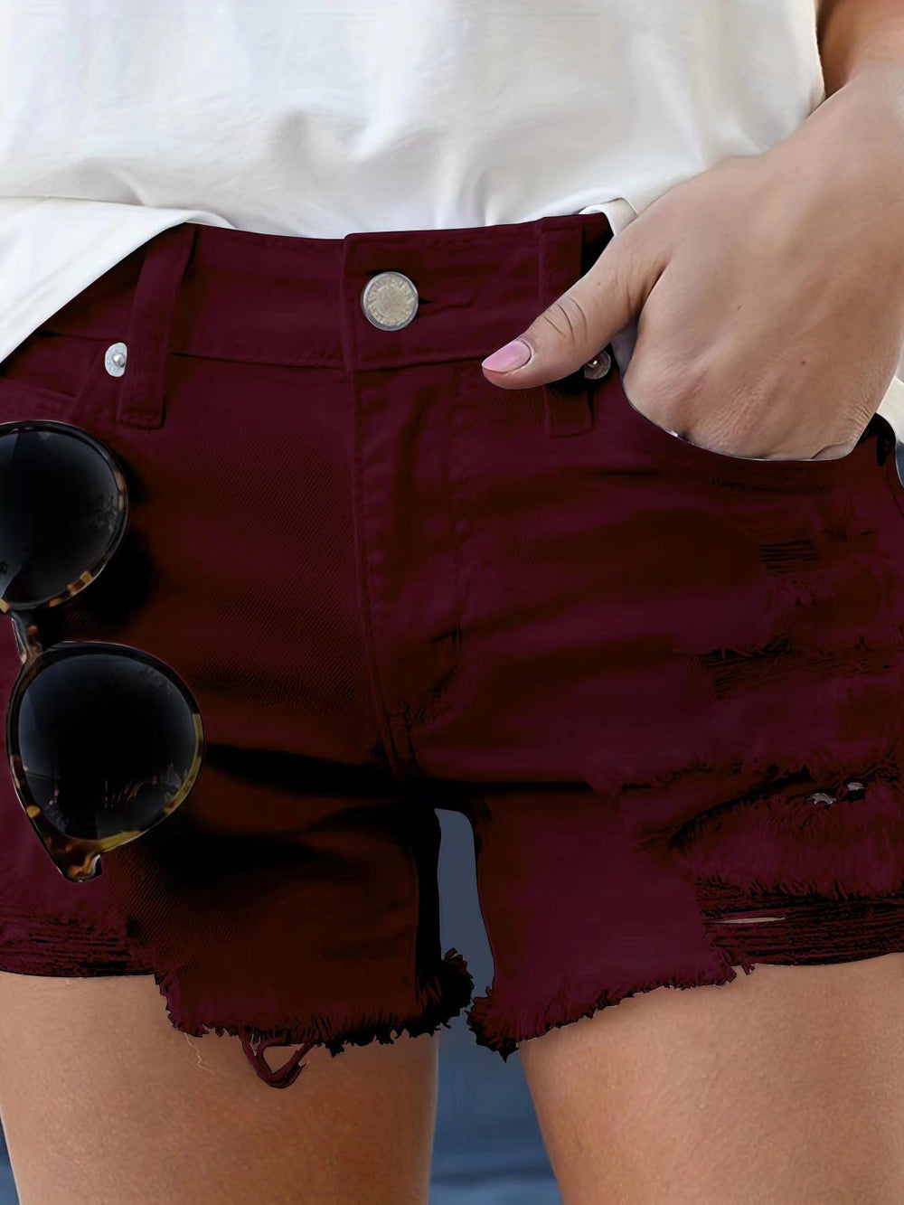 Denim Shorts Women Casual Washed Ripped Shorts High Waist Fringe Jeans