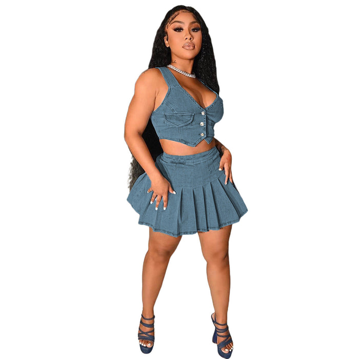 Denim Vest Skirt Set Summer European Beauty Skating Suit Vest Pleated Skirt Set