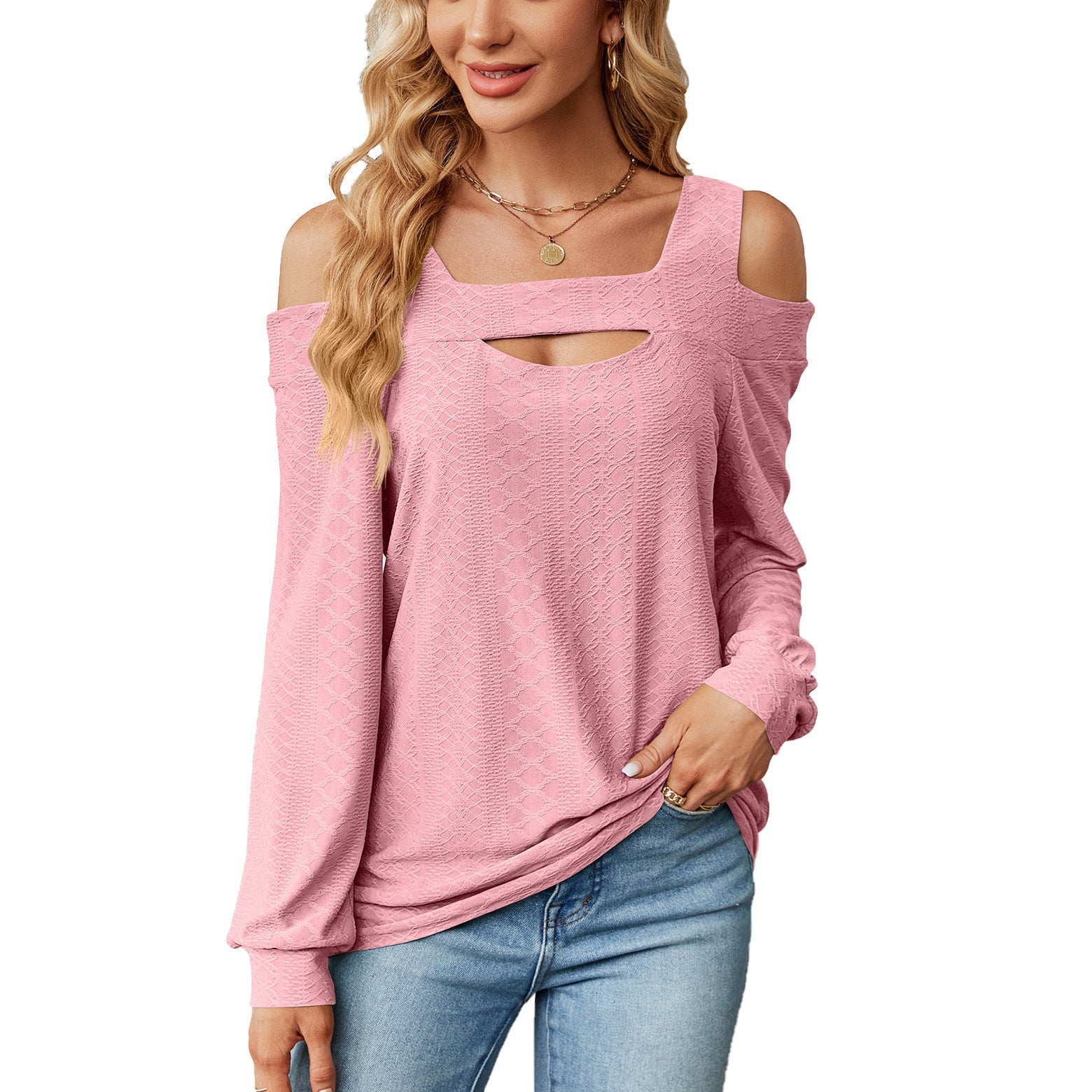 Autumn Winter Solid Color Hollow Out Cutout Loose Long Sleeved T Shirt Top Women Clothing