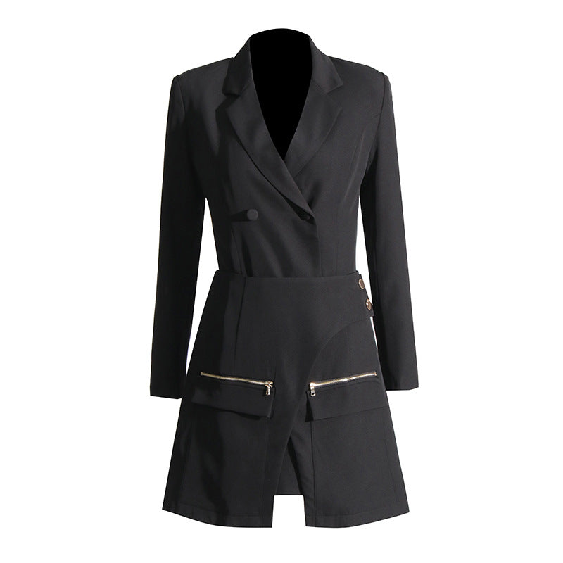 Autumn Fashionable Blazer Irregular Asymmetric Design High Waist Skirt Two Piece Suit