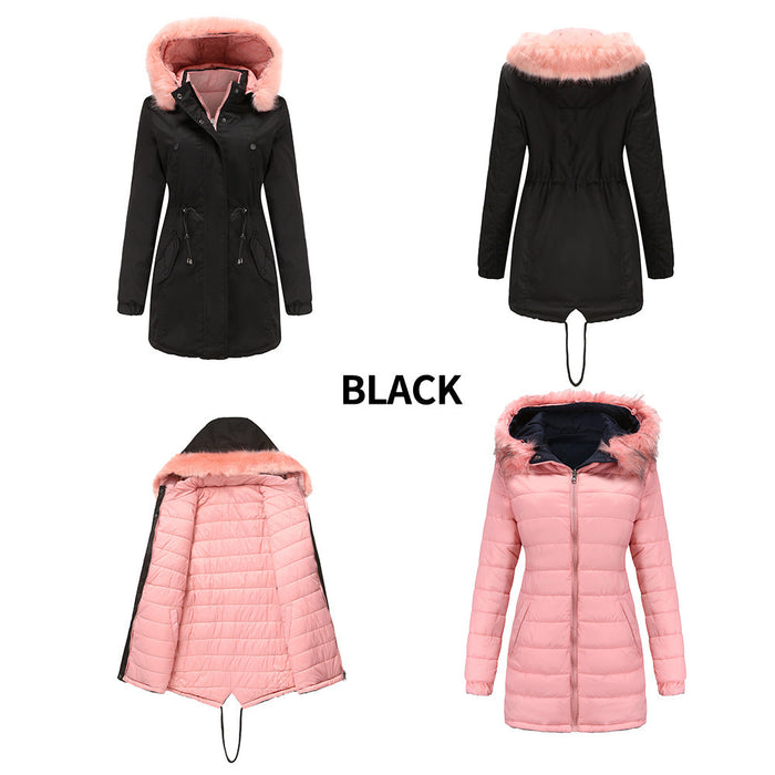 Women Cotton Padded Coat Double Sided Wear Detachable Fur Collar Detachable Hat Quilted Parka Women