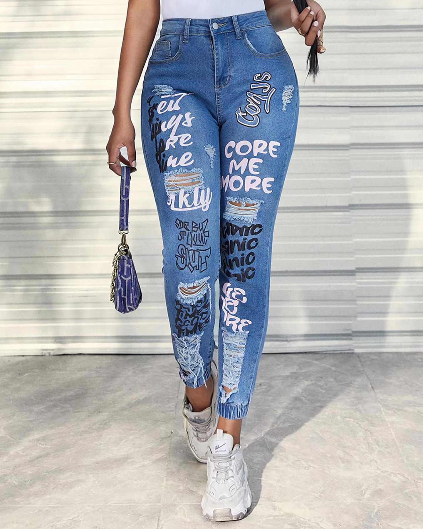 Ripped Jeans Women All Match Letter Graphic Printed Ankle Tied Trousers
