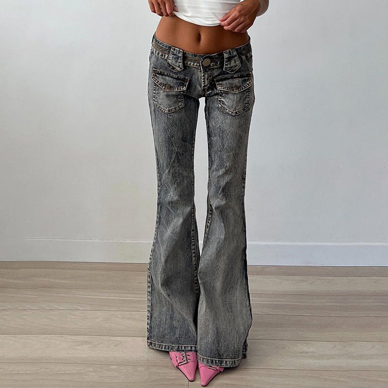 Women Streetwear Slim Wash Pocket Stitching Bootcut Pants Vintage Smoky Gray Jeans