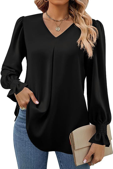 Women Clothing Autumn Winter Solid Color Chiffon Shirt V Neck Pullover Horn Long Sleeve Top Shirt