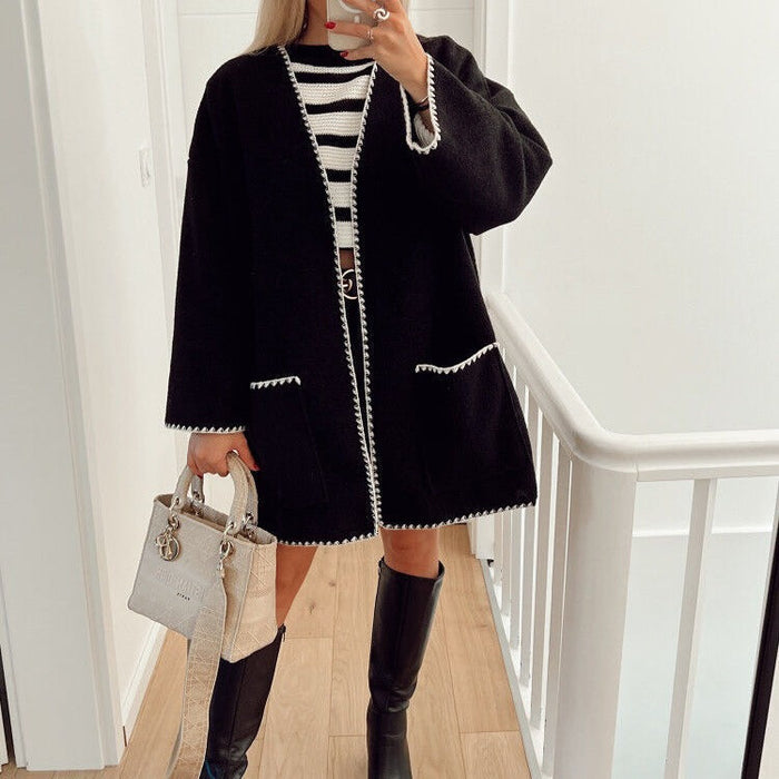 Women Color Contrast Woolen Coat Autumn Winter