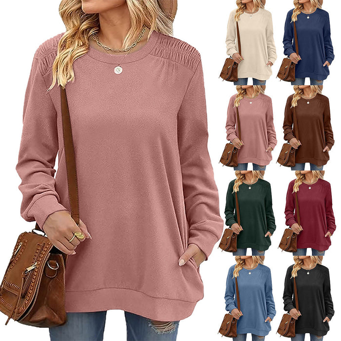 Autumn Winter Solid Color round Neck Loose Casual Long Sleeve T shirt Top for Women