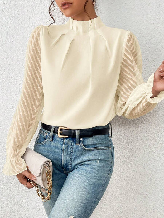 Women Clothing Autumn Winter Half Turtleneck Stitching Wave Pattern Chiffon Long Sleeve Top Women