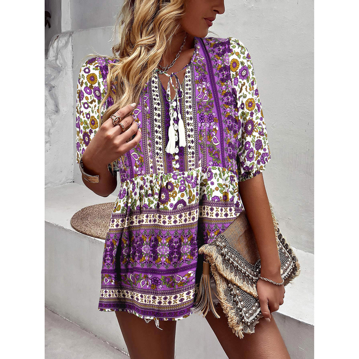 Spring Summer Australian Tassel V neck Printed Casual Vacation Top