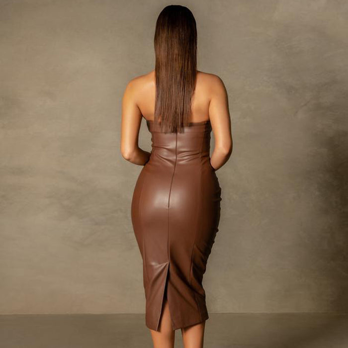 Autumn Winter Solid Color Faux Leather Elegant Slim-Fit Tube Top Back Slit Sexy Midi Dress