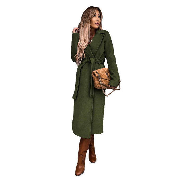 Autumn Winter Women Clothing Solid Color Polo Collar Long Sleeved Woolen Coat Simple Lace up Trench Coat