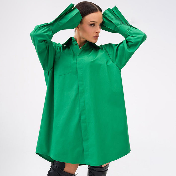 Autumn Clothing Retro Green Loose Long Sleeve Long Shirt Women Oversized Shirt