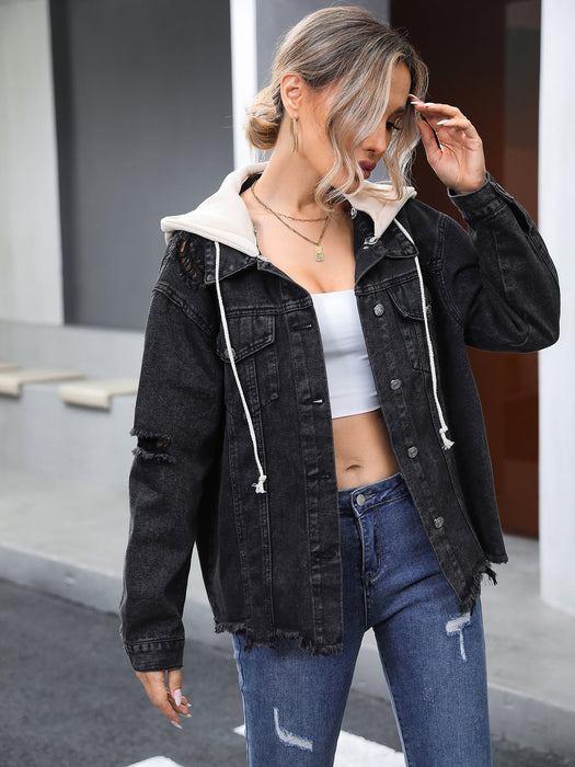 Women Clothing Fall Winter Hooded Denim Jacket