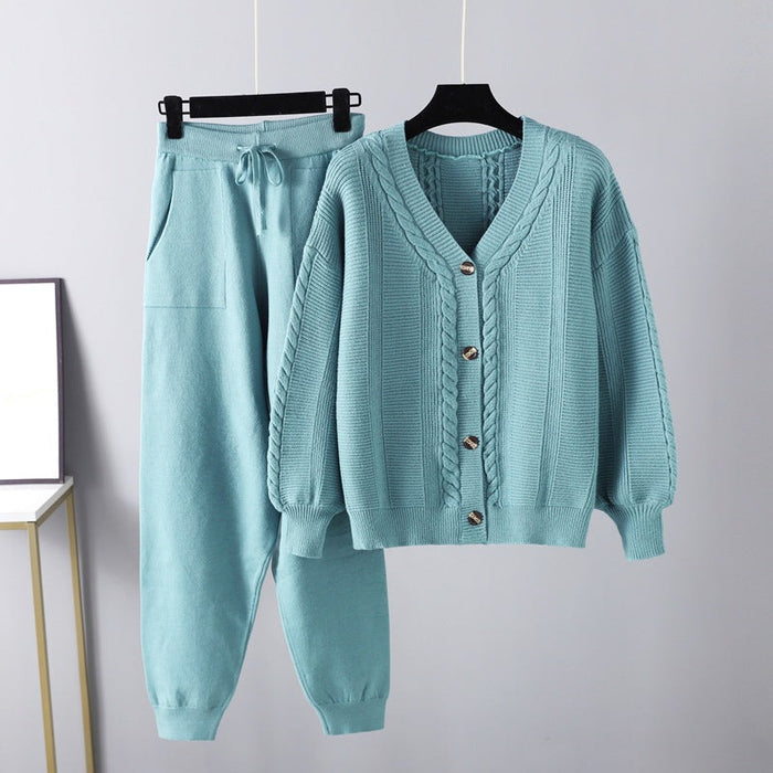 Women Clothing Autumn Winter Knitting Two Piece Twist Cardigan Solid Color Suit Sweater Women