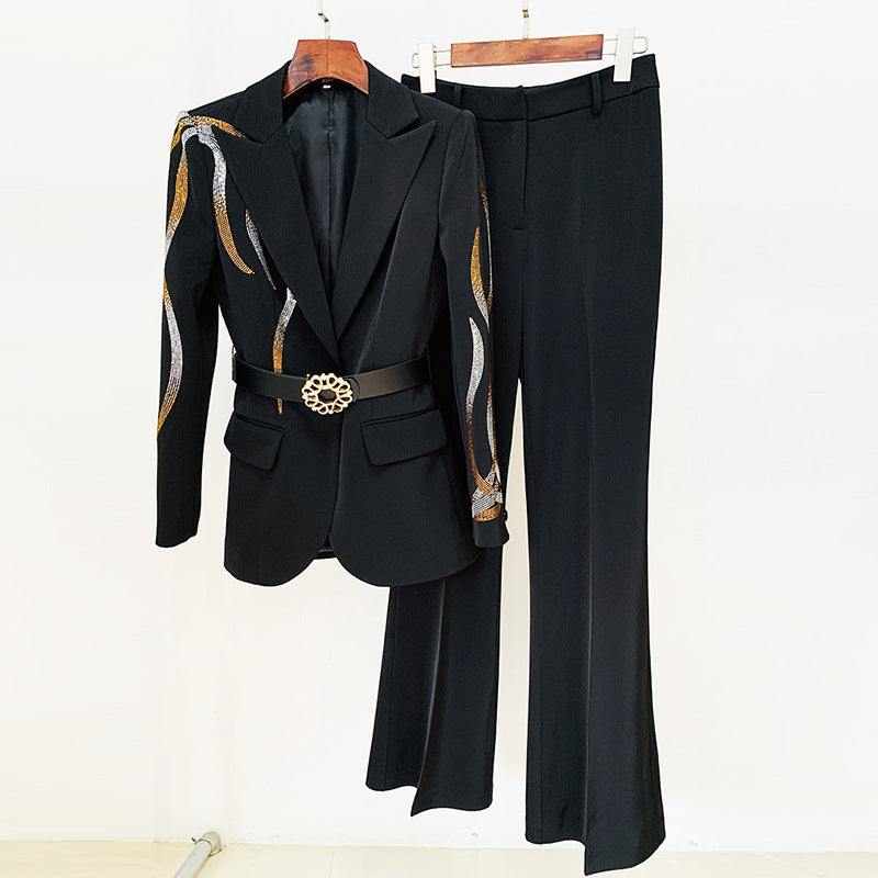 Goods Star Socialite Colorful Crystals Rhinestone Series Belt Suit Bell Bottom Pants Suit Two Pieces