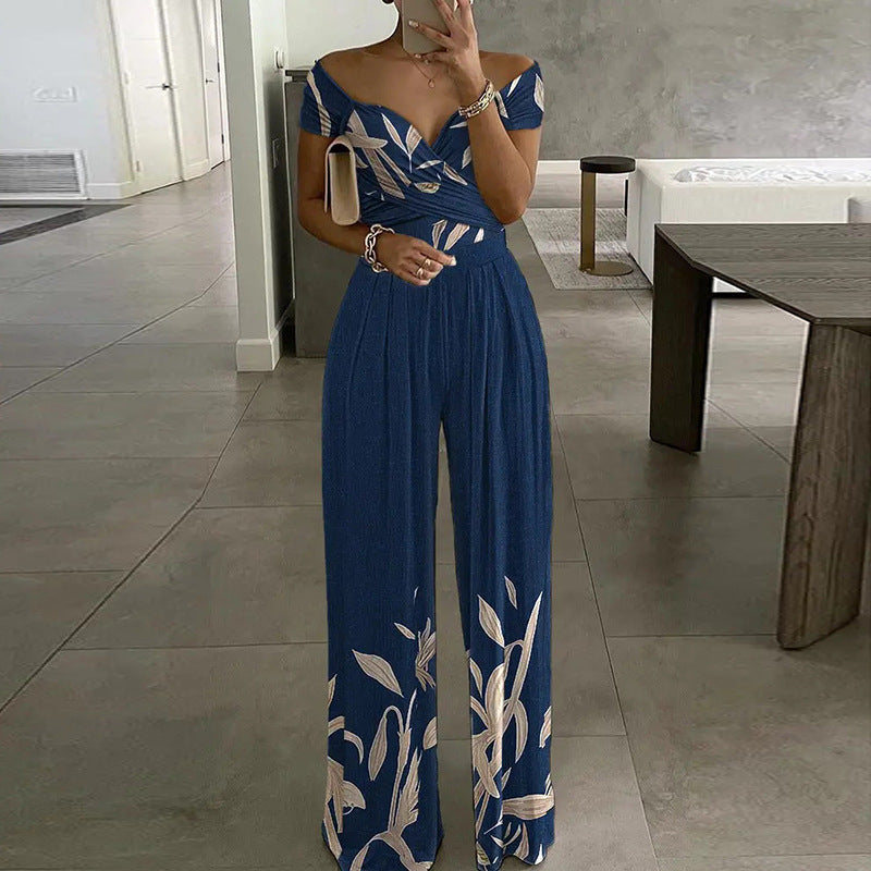 Spring Autumn Women Clothing off Shoulder Printing Office Printed Waist Controlled Jumpsuit