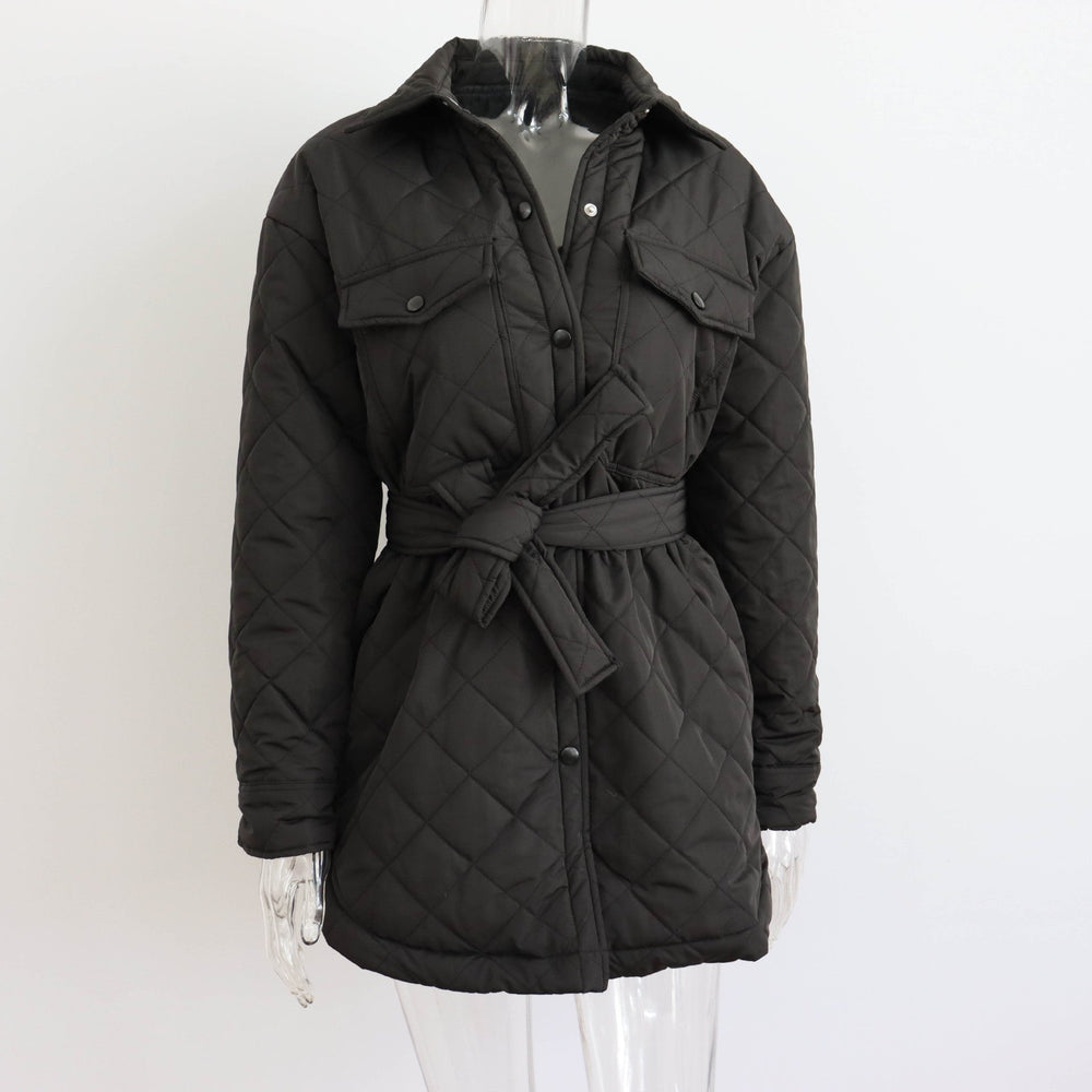 Long Breasted Collared Loose Warm Rhombus Cotton Padded Coat Autumn Winter Wild Thickened Cotton Padded Coat for Women