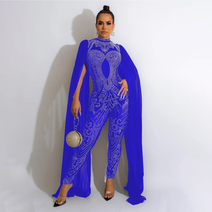 Autumn Winter Women Clothing Sexy Mesh Rhinestone See through Nightclub Jumpsuit Women