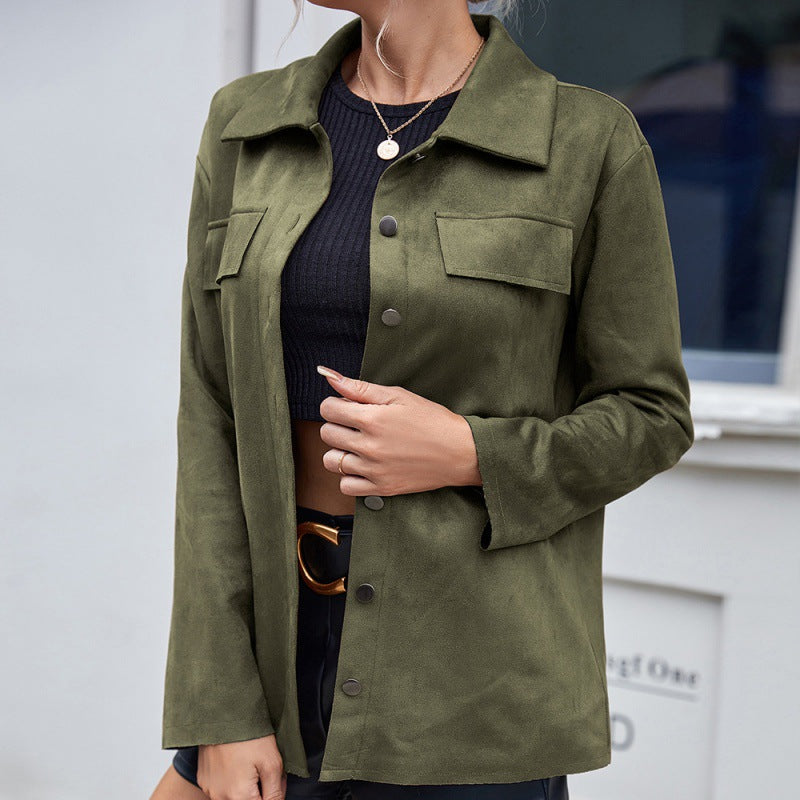 Casual Simple Single-Breasted Pocket Shirt Suede Long-Sleeved Shacket Coat Top Women