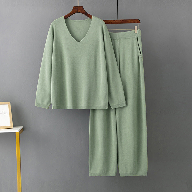 Solid Color V neck Ice Silk Suit Spring Autumn Loose High Waist Casual Two Piece Sweater