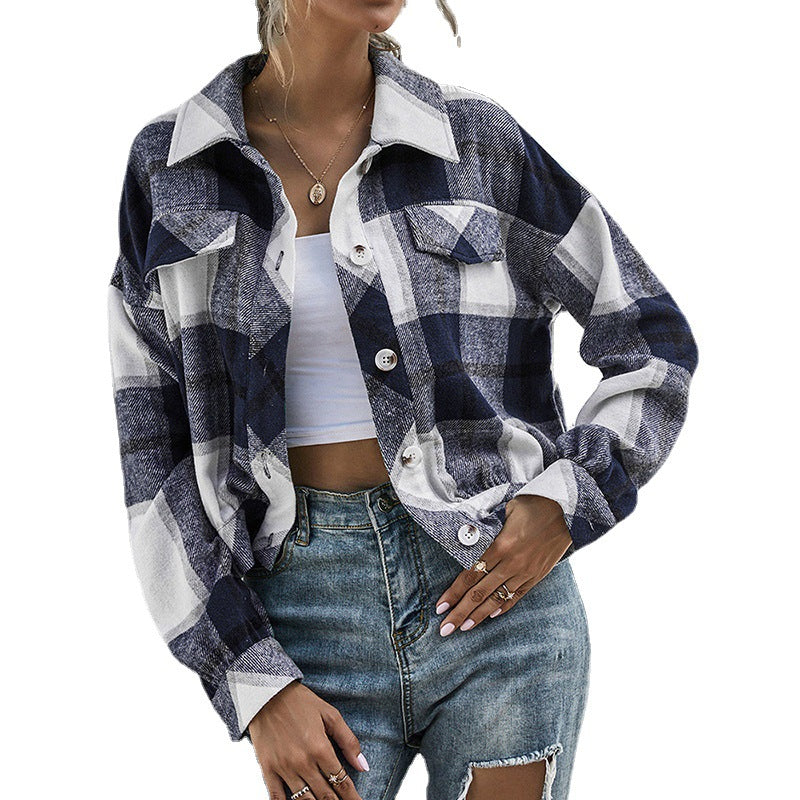 Thickened Long-Sleeved Plaid Top Loose Casual Shacket Plush Plaid Single Breasted Shacket Jacket Coat Women