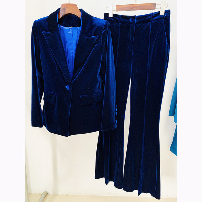 Autumn Winter Women Business Office One Button Pleuche Blazer Bell Bottom Pants Two Piece Set