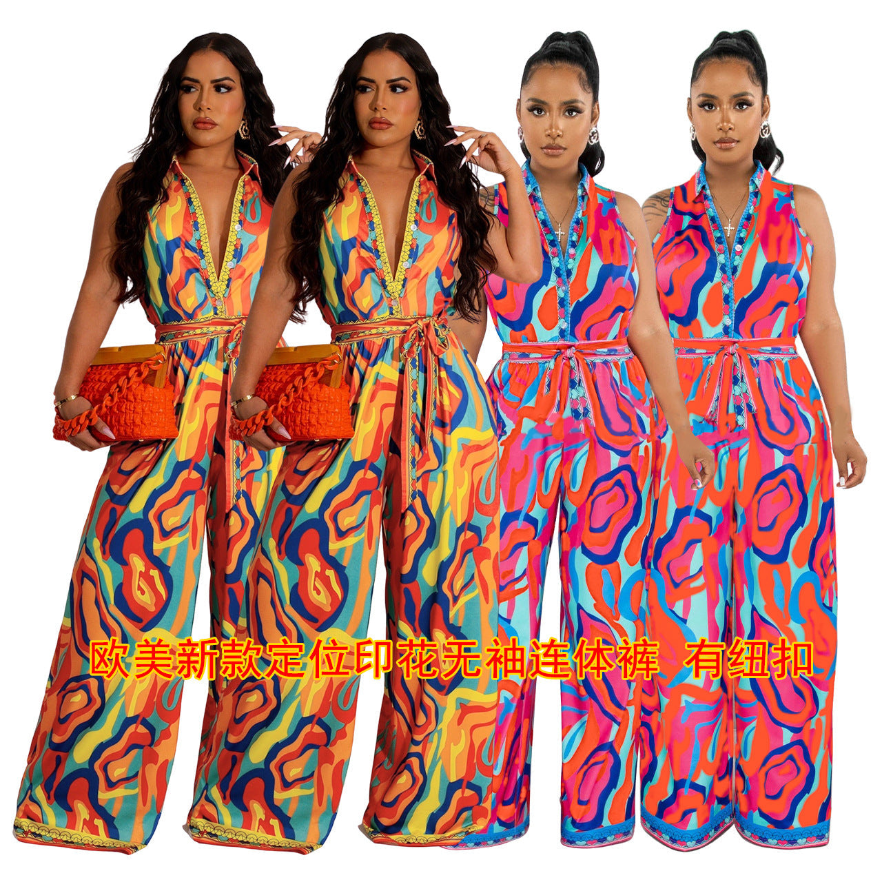 Women Clothing Summer Ethnic Sleeveless Positioning Printed Wide Leg Jumpsuit