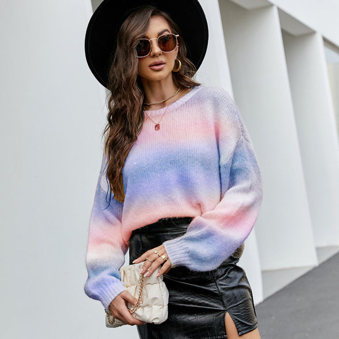 Women Clothing Gradient Color Knitted Top Sweater Lazy Long Sleeve Pullover Sweater