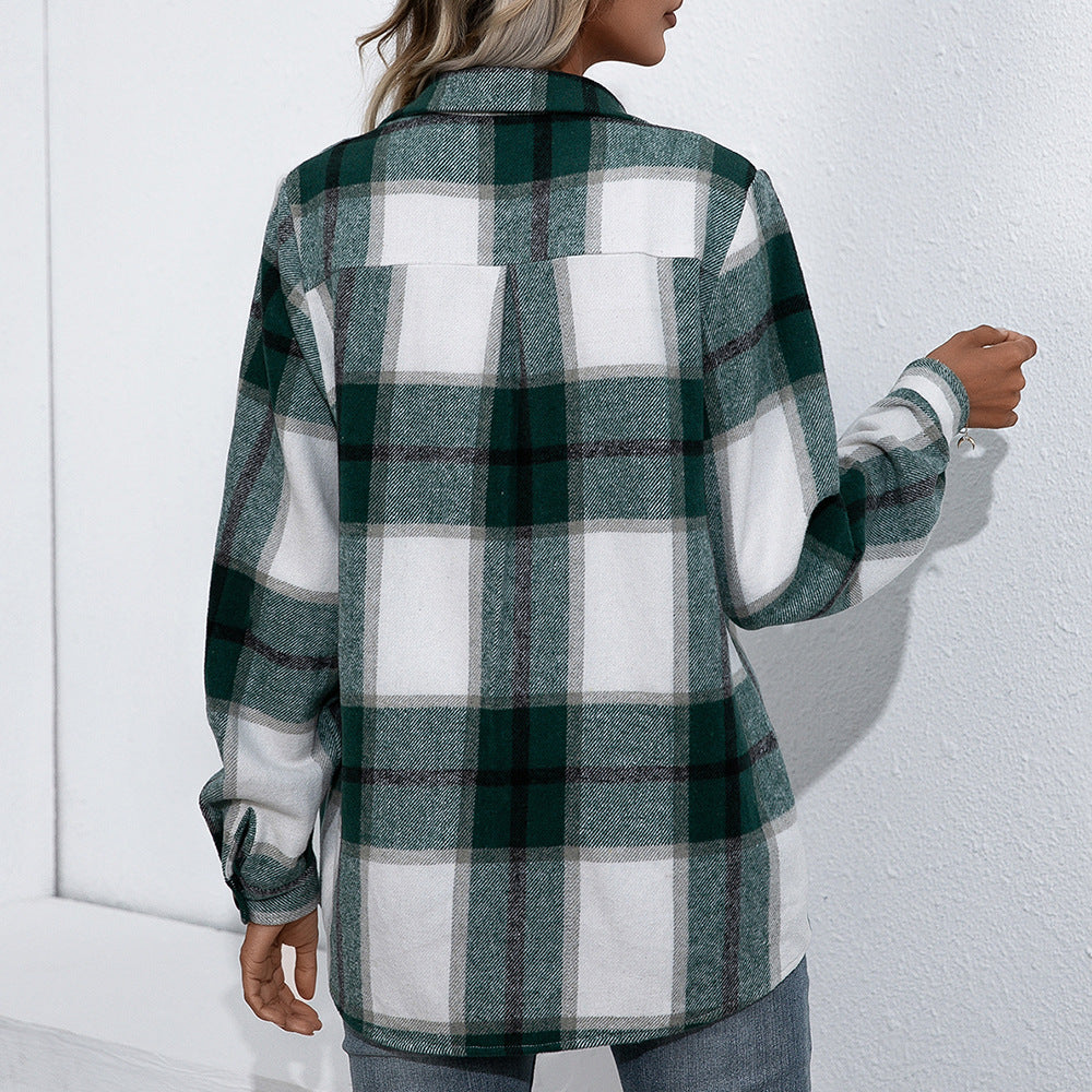 Autumn Winter Long Sleeved Plaid Top Loose Casual Shacket Jacket Women