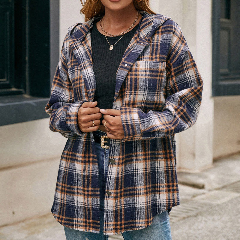 Loose Casual Long Sleeves Single-Breasted Plaid Hooded Jacket Coat Dovetail Plaid Shacket Jacket for Women