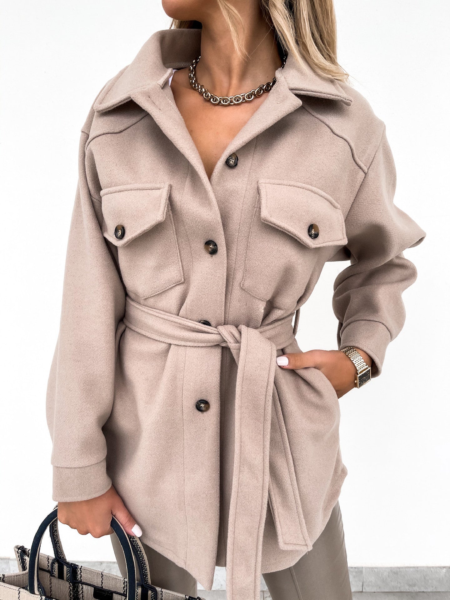 Fall Winter Lapels Single-Breasted Thickened Solid Color Shirt Woolen Baggy Coat Female