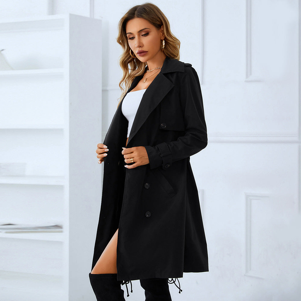 Women Clothing Spring Autumn Belt Deep V Plunge Plunge neck Slim Fit Slim Fit Woolen Coat